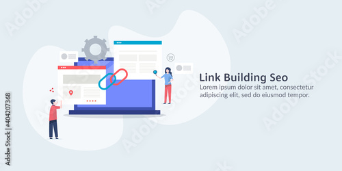 Seo marketing experts building links for better website visibility on search page. Link building seo campaign. Flat design vector illustration.