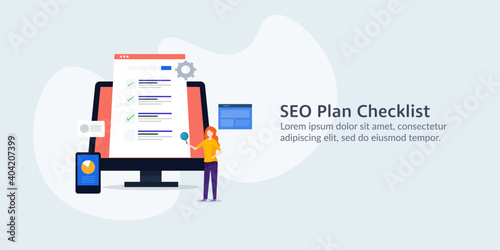 Business woman preparing seo plan and search marketing checklist. Flat design vector illustration.