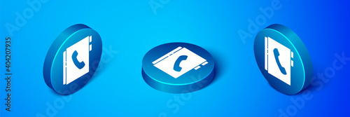 Isometric Address book icon isolated on blue background. Notebook, address, contact, directory, phone, telephone book icon. Blue circle button. Vector Illustration.
