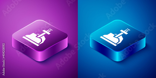 Isometric Sword in the stone icon isolated on blue and purple background. Excalibur the sword in the stone from the Arthurian legends. Square button. Vector.