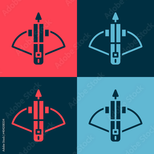 Pop art Battle crossbow with arrow icon isolated on color background. Vector.
