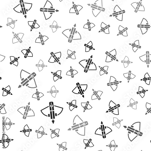 Black Battle crossbow with arrow icon isolated seamless pattern on white background. Vector.