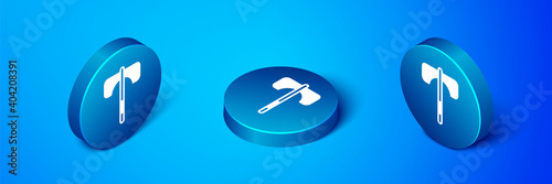 Isometric Medieval axe icon isolated on blue background. Battle axe, executioner axe. Medieval weapon. Blue circle button. Vector.
