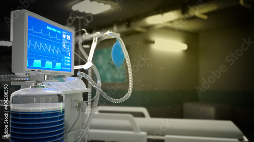 cg medical 3d illustration, ICU lung ventilator in hospital