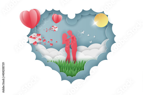 happy valentine s day banners illustration couple love and tree paper cut style. Premium Vector