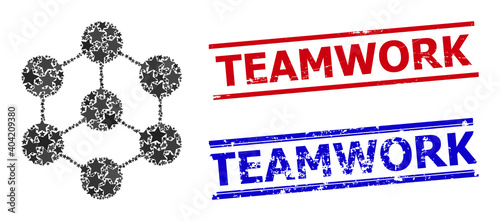 Blockchain nodes star mosaic and grunge Teamwork stamps. Red and blue stamps with unclean surface and Teamwork caption. Abstract blockchain nodes mosaic is created with random flat star items.