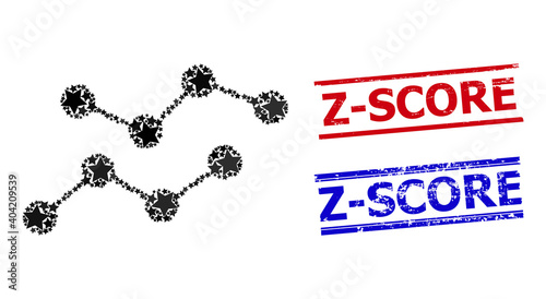 Charts star mosaic and grunge Z-Score seals. Red and blue seals with grunge texture and Z-Score tag. Abstract charts mosaic is created with scattered flat star parts.