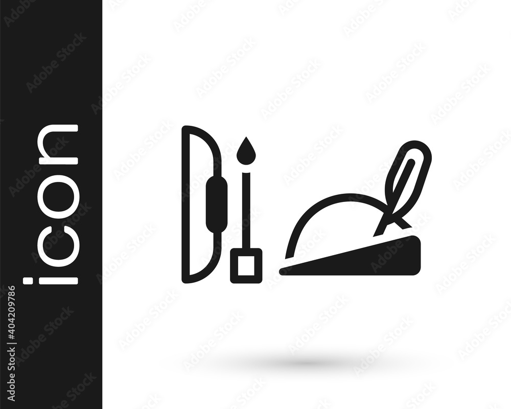 Black Robin hood hat with feather, bow and arrow icon isolated on white background. Vector. Black Robin hood hat with feather, bow and arrow icon isolated on white background. Vector.