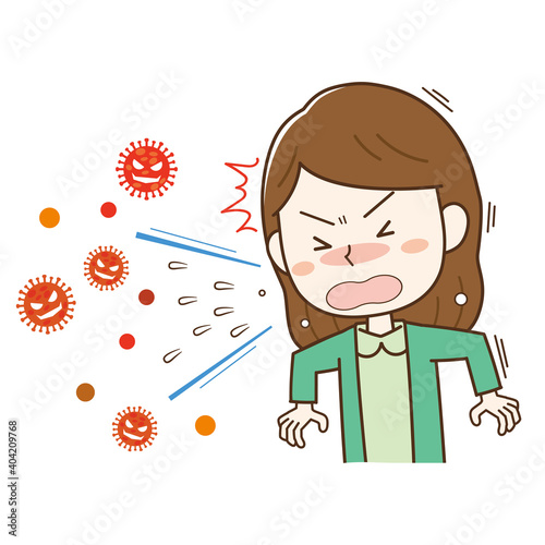 くしゃみをする女性と飛び出す飛沫ウィルスのイラスト
