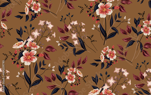 Seamless pattern with pink flowers on a branch. Abstract composition from various plants. Floral print for textiles or paper.