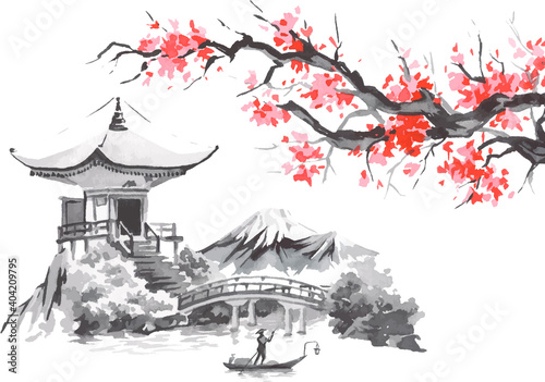 Japan traditional sumi-e painting. Fuji mountain, sakura, sunset. Japan sun. Indian ink vector illustration. Japanese picture.