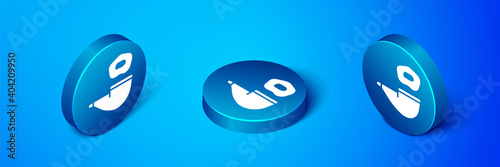 Isometric Smoking pipe with smoke icon isolated on blue background. Tobacco pipe. Blue circle button. Vector.