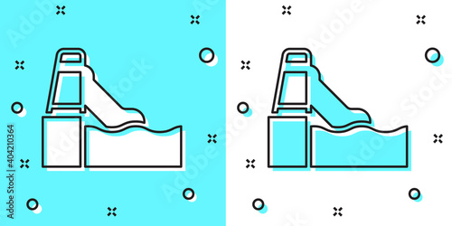 Black line Water slide with pool icon isolated on green and white background. Aquapark. Random dynamic shapes. Vector.