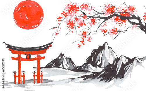 Japan traditional sumi-e painting. Fuji mountain, sakura, sunset. Japan sun. Indian ink vector illustration. Japanese picture.