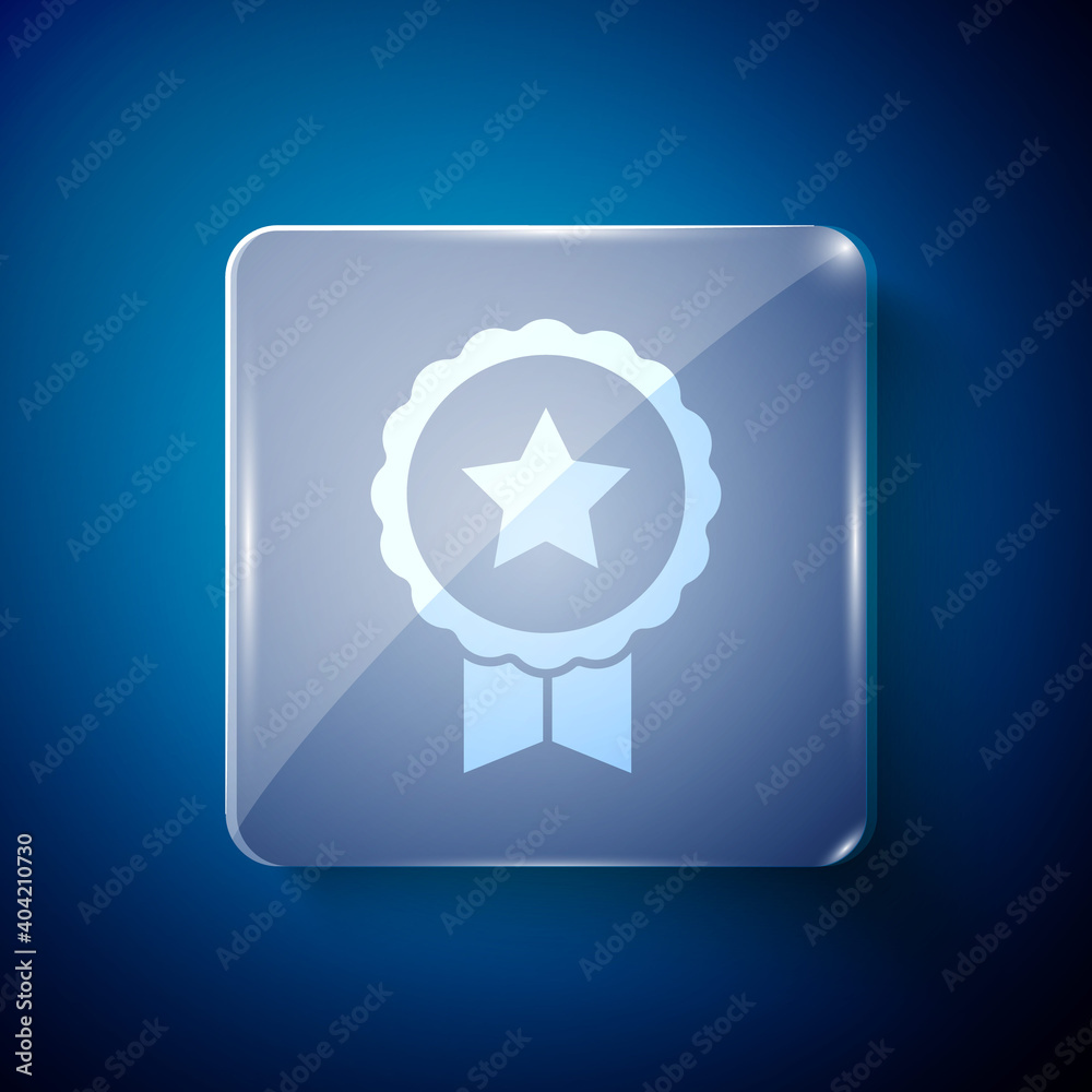 White Medal with star icon isolated on blue background. Winner achievement sign. Award medal. Square glass panels. Vector. White Medal with star icon isolated on blue background. Winner achievement sign. Award medal. Square glass panels. Vector.