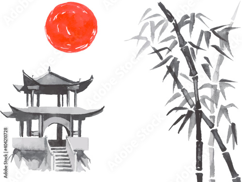 Japan traditional sumi-e painting. Fuji mountain, sakura, sunset. Japan sun. Indian ink vector illustration. Japanese picture.
