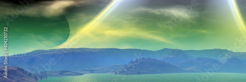 Alien Planet. Mountain. Panorama. 3D rendering