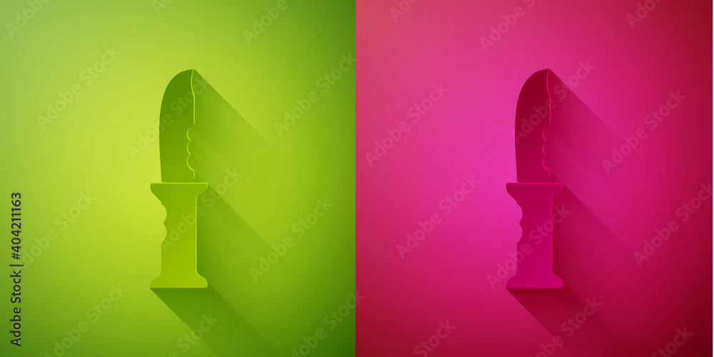 Paper cut Military knife icon isolated on green and pink background. Paper art style. Vector. Paper cut Military knife icon isolated on green and pink background. Paper art style. Vector.
