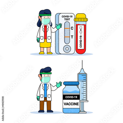 Doctor Cute Cartoon Character With Covid Diagnostic Tool And Vaccine Bottle
