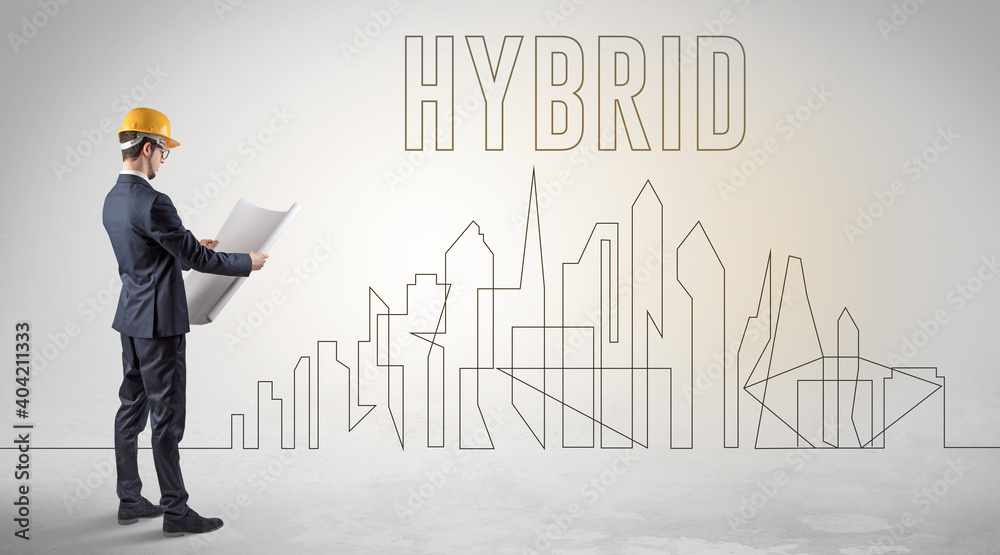 Businessman in hard hat holding blueprint with HYBRID inscription, engineering and architecture concept Businessman in hard hat holding blueprint with HYBRID inscription, engineering and architecture concept