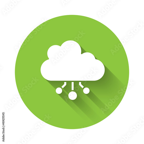 White Cryptocurrency cloud mining icon isolated with long shadow. Blockchain technology, bitcoin, digital money market, cryptocoin wallet. Green circle button. Vector.