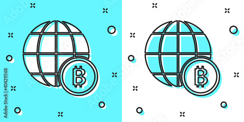 Black line Globe and cryptocurrency coin Bitcoin icon isolated on green and white background. Physical bit coin. Blockchain based secure crypto currency. Random dynamic shapes. Vector.