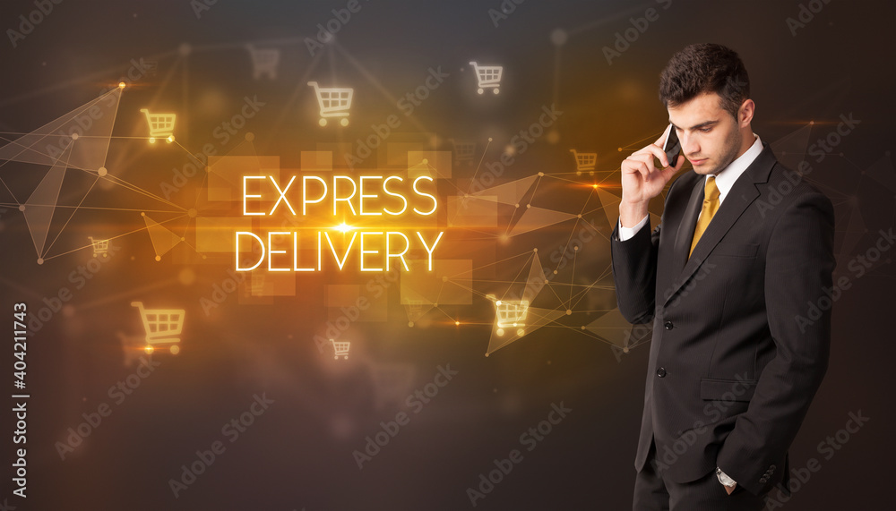 Businessman with shopping cart icons and EXPRESS DELIVERY inscription, online shopping concept Businessman with shopping cart icons and EXPRESS DELIVERY inscription, online shopping concept