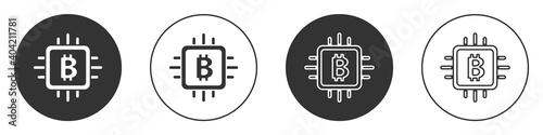 Black CPU mining farm icon isolated on white background. Bitcoin sign inside processor. Cryptocurrency mining community. Digital money. Circle button. Vector.