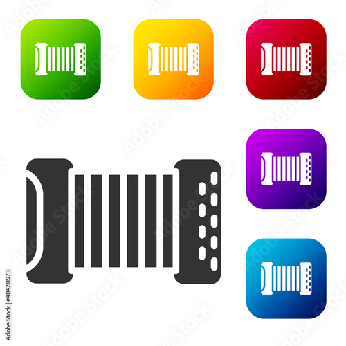 Black Musical instrument accordion icon isolated on white background. Classical bayan, harmonic. Set icons in color square buttons. Vector.