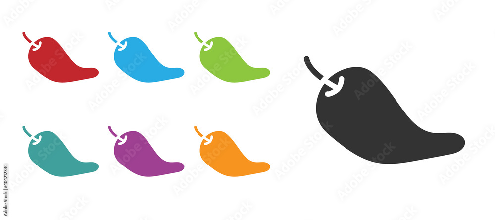 Fototapeta premium Black Hot chili pepper pod icon isolated on white background. Design for grocery, culinary products, seasoning and spice package, cooking book. Set icons colorful. Vector.