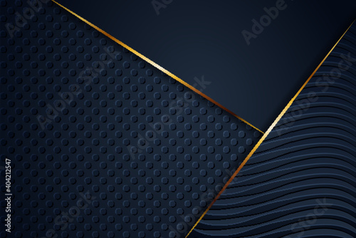 Modern dark 3d abstract navy blue background with golden line shape