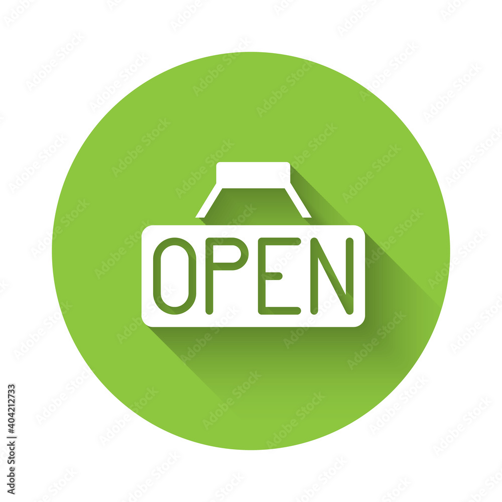 White Hanging sign with text Open door icon isolated with long shadow. Green circle button. Vector. White Hanging sign with text Open door icon isolated with long shadow. Green circle button. Vector.