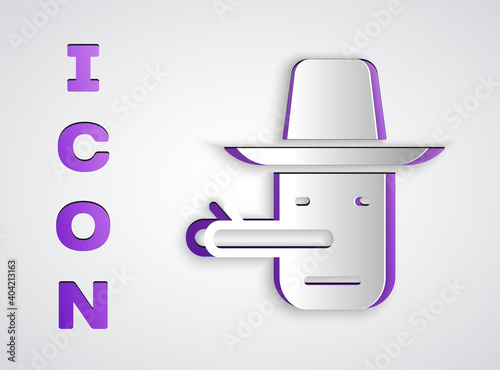 Paper cut Pinocchio icon isolated on grey background. Paper art style. Vector.