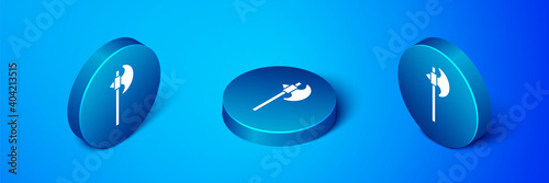 Isometric Medieval axe icon isolated on blue background. Battle axe, executioner axe. Medieval weapon. Blue circle button. Vector.