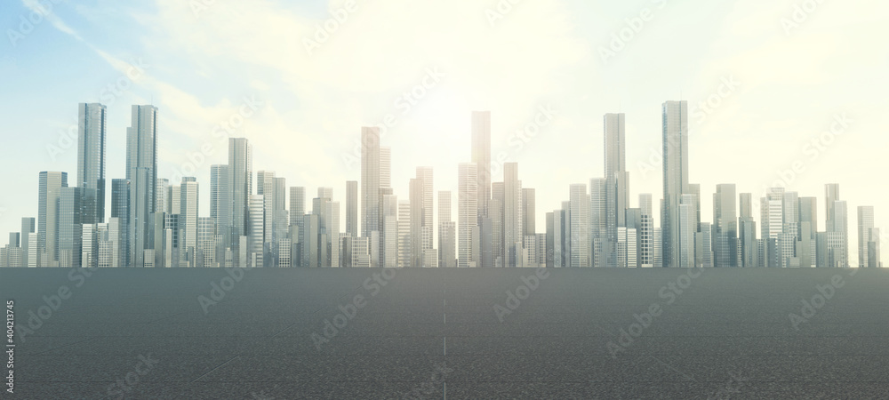 3D Rendering of dark asphalt road surface on mega city with many high buildings. Concept for car advertising, or technology product background