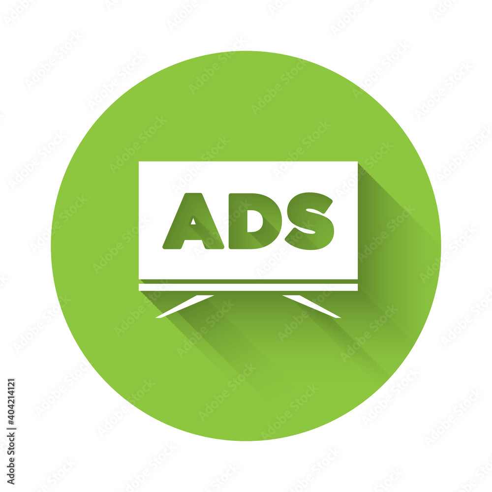 White Advertising icon isolated with long shadow. Concept of marketing and promotion process. Responsive ads. Social media advertising. Green circle button. Vector. White Advertising icon isolated with long shadow. Concept of marketing and promotion process. Responsive ads. Social media advertising. Green circle button. Vector.