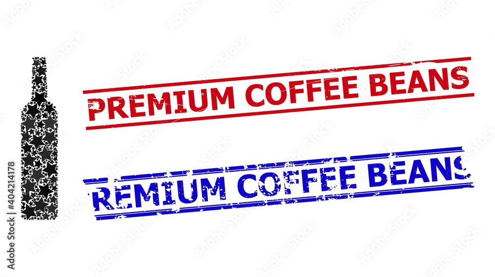 Wine bottle star mosaic and grunge Premium Coffee Beans seal stamps