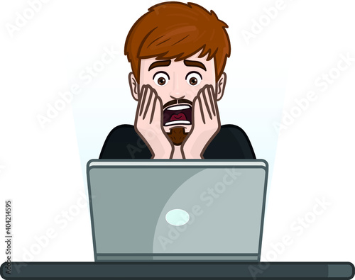 man looks scared into the laptop and grabs his face in fear. avatar, news, comic, vector, isolated.