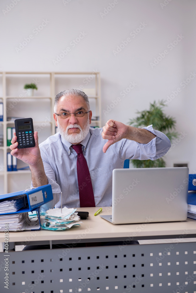 Old male accountant in budget planning concept in the office Old male accountant in budget planning concept in the office