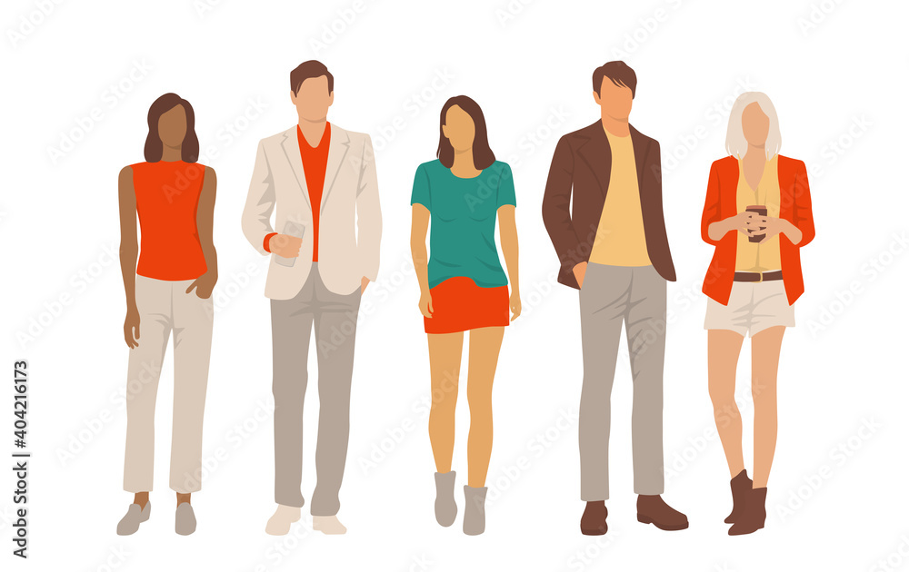 Fototapeta premium Set of young men and women, different colors, cartoon character, group of silhouettes of standing business people, students, the design concept of flat icon, isolated on white background