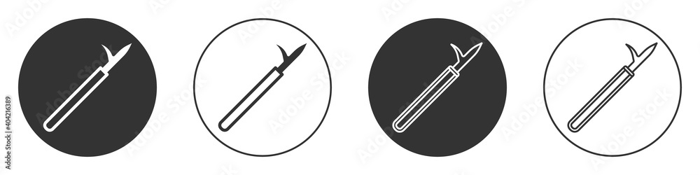 Black Metal pike pole with wooden handle icon isolated on white background. Spear, pickaxe, hook hand extinguishing instrument and tool for fireman. Circle button. Vector. Black Metal pike pole with wooden handle icon isolated on white background. Spear, pickaxe, hook hand extinguishing instrument and tool for fireman. Circle button. Vector.