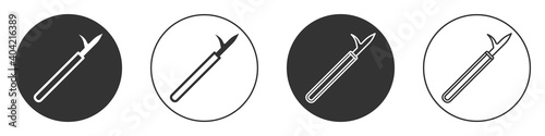 Black Metal pike pole with wooden handle icon isolated on white background. Spear, pickaxe, hook hand extinguishing instrument and tool for fireman. Circle button. Vector.