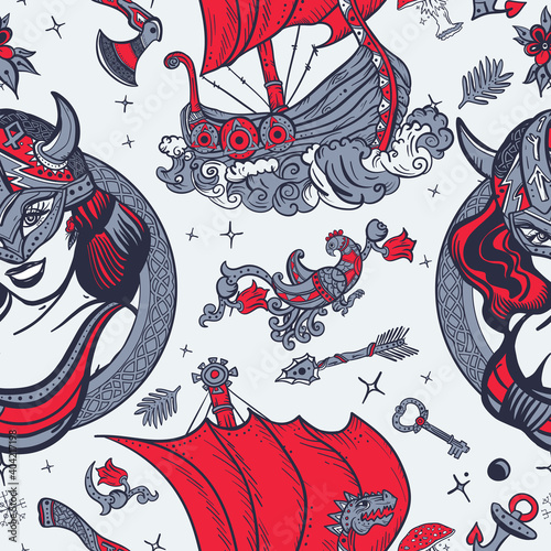 Vikings seamless pattern. Long boat and woman warrior. Northern history background. Scandinavian culture. Valhalla art. Old school tattoo style