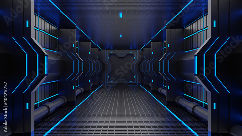 3d rendering tunnel High tech technology sci-fi blue and black color digital Abstract background