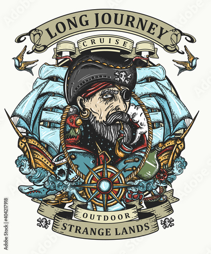 Old sea wolf pirate and ships. Marine adventure color t-shirt design. Symbol of ocean adventure, treasure island. Crime sailor man portrait. Tattoo style. Cartoon character