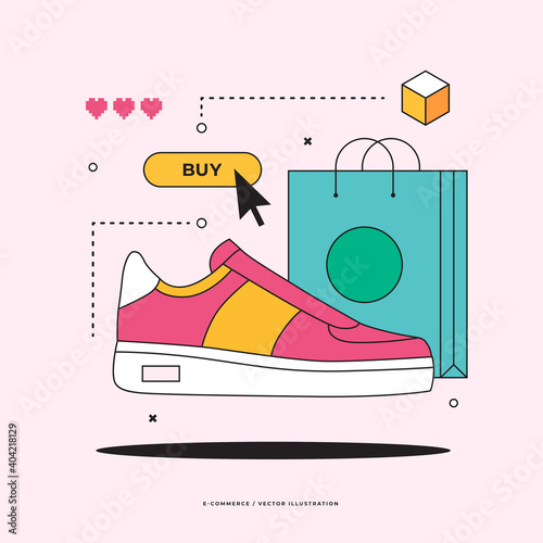 Online shopping concept. Internet buy. Image of a fashionable sneaker, bag on a pink background. Vector illustration in a flat style.