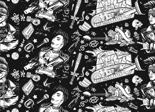 Punk and rock music lifestyle. Dark seamless pattern. Punker with mohawk, electric guitar, rock woman. Hooligans. Anarchy art. Musical art background