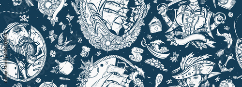 Pirates. Seamless pattern. Sea adventure background. Caribbean robbers. Traditional tattooing style. Captain, parrot, ship in storm, girl filibuster, compass, anchor, treasure island, swallows
