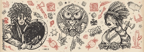 Native American Indian old school tattoo vector collection. Tribal culture and history. Traditional tattooing style. Ethnic warrior girl, shamanic female, dream catcher, owl and old cherokee shaman