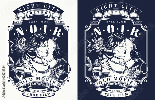 Noir film lady. Retro woman portrait. Old school tattoo style. Template for clothes, t-shirt design. Black and white vector. Criminal girl with guns. Mafia concept. Traditional tattooing style